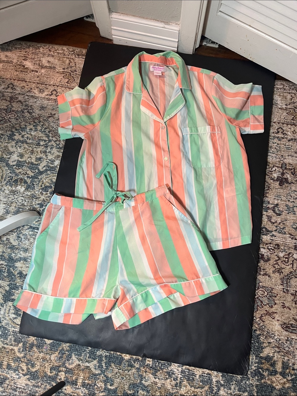 Tommy Bahama Coral, Mint & White Striped Short Pajama Set